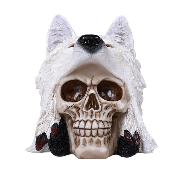 6.25" Skull with Wolf Covering Statue - Magick Magick.com