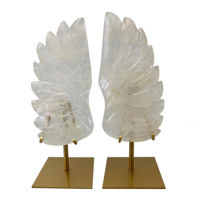 6.5" Crystal Quartz Angel Wings on Metal Stand (Pair) - Magick Magick.com