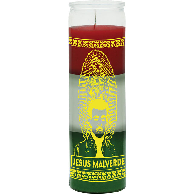 7 Day Glass Candle 3 Colors Jesus Malverde - Red / White / Green - Magick Magick.com