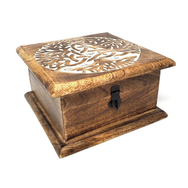 7" x 7" Carved Wood Box - Triquetra Tree of Life - Magick Magick.com