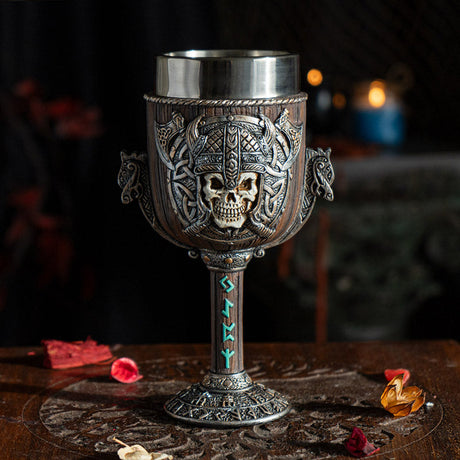 7.25" Resin & Stainless Steel Chalice / Goblet - Skull Viking - Magick Magick.com