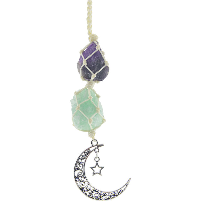 7.5" Hanging Rough Crystal String with Moon - Amethyst & Green Aventurine - Magick Magick.com
