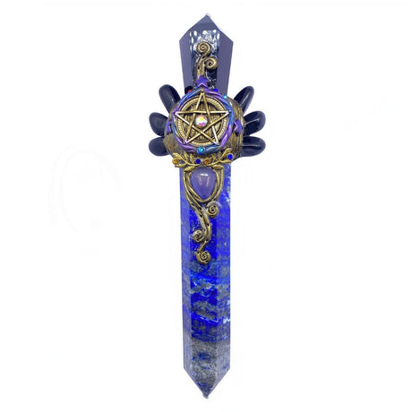 7.75" Black Obsidian with Lapis Lazuli Point Athame with Pentacle - Magick Magick.com