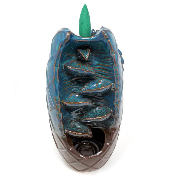 8" Dragon & Waterfall Dual Ceramic Backflow Cone Incense Burner - Magick Magick.com