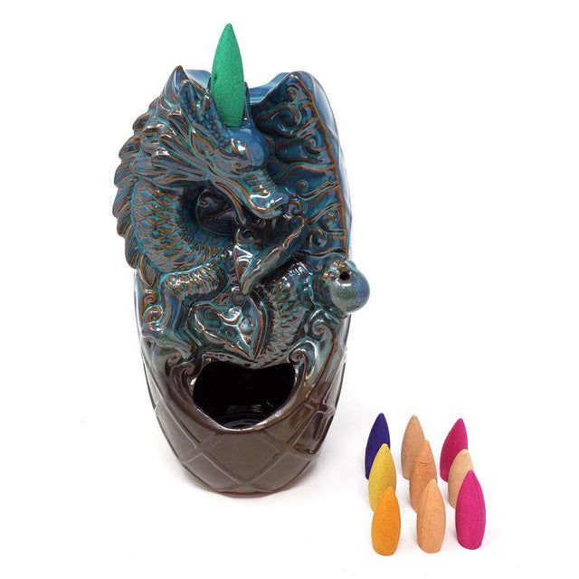 8" Dragon & Waterfall Dual Ceramic Backflow Cone Incense Burner - Magick Magick.com