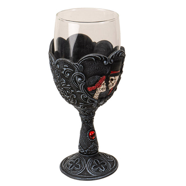 8" Glass Chalice / Goblet - Love Never Dies Skeleton Couple - Magick Magick.com