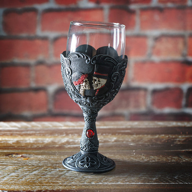 8" Glass & Resin Chalice / Goblet - Love Never Dies Skeleton Couple - Magick Magick.com