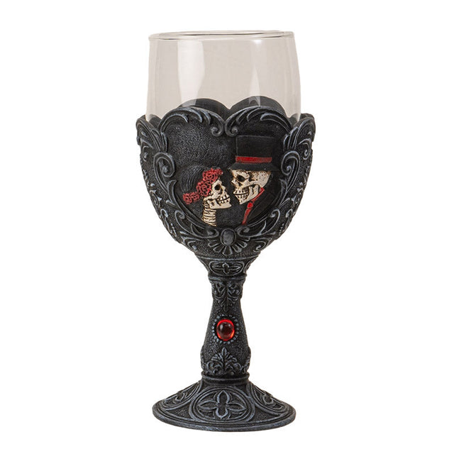 8" Glass & Resin Chalice / Goblet - Love Never Dies Skeleton Couple - Magick Magick.com