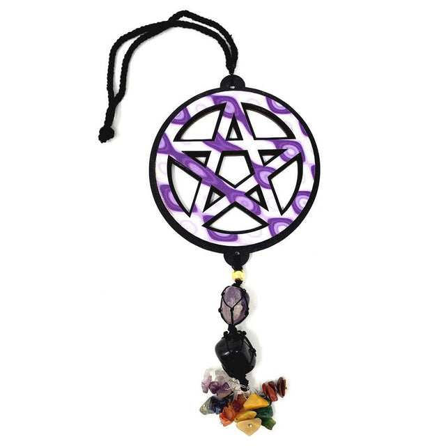 8" Hanging Wooden Pentagram with Stones - Magick Magick.com