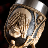 8" Resin & Stainless Steel Chalice / Goblet - Hear, See, Speak Skeleton - Magick Magick.com