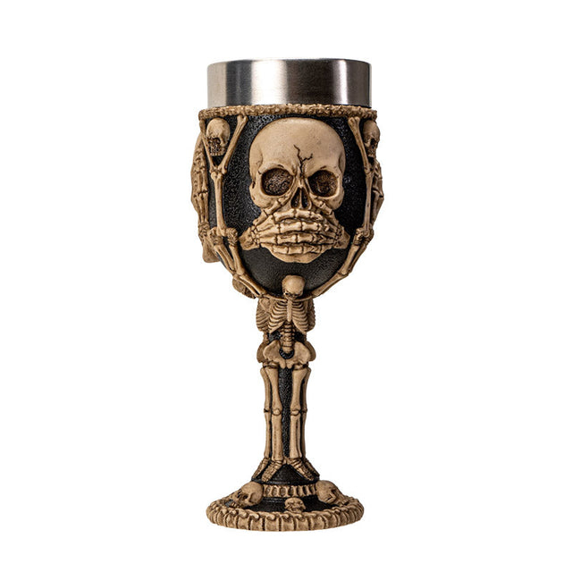 8" Resin & Stainless Steel Chalice / Goblet - Hear, See, Speak Skeleton - Magick Magick.com