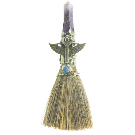 8" Wicca Gemstone Broom - Amethyst with Gold Isis - Magick Magick.com