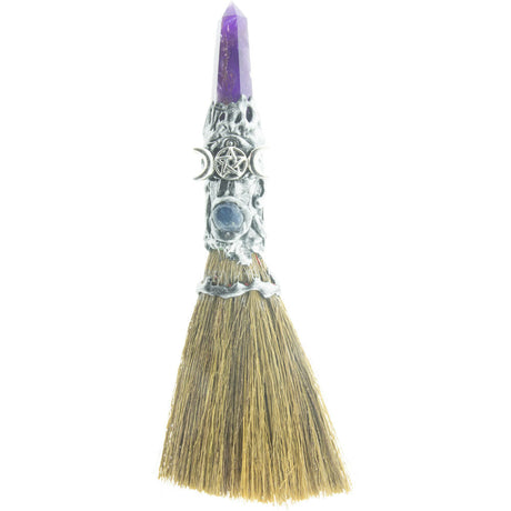 8" Wicca Gemstone Broom - Amethyst with Silver Triple Moon - Magick Magick.com