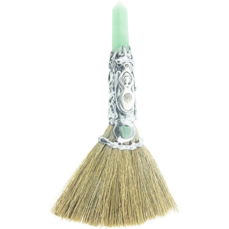 8" Wicca Gemstone Broom - Green Aventurine with Silver Spiral Goddess - Magick Magick.com