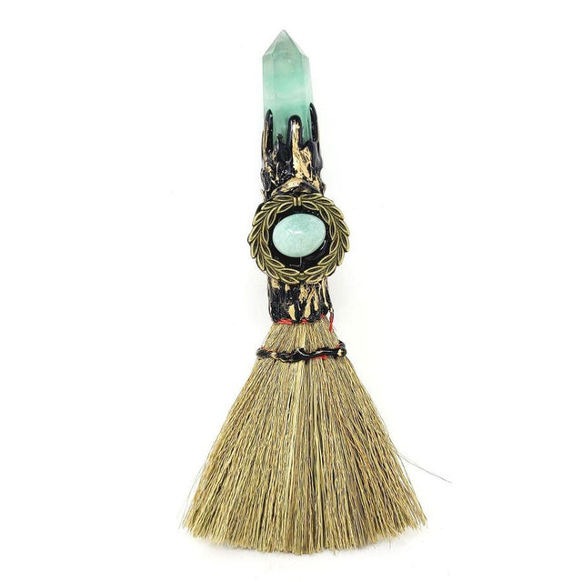 8" Wicca Gemstone Broom - Green Aventurine with Tumble - Magick Magick.com