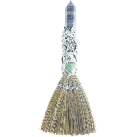 8" Wicca Gemstone Broom - Lapis with Silver Pentacle - Magick Magick.com