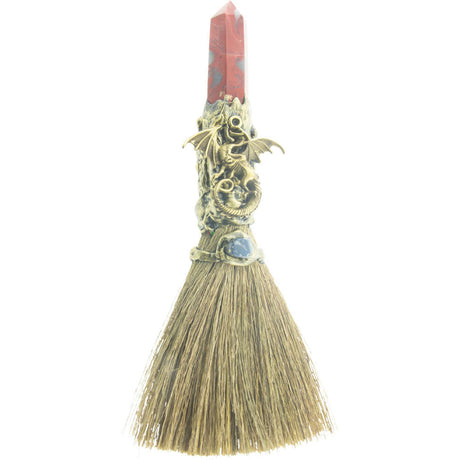 8" Wicca Gemstone Broom - Red Jasper with Gold Dragon - Magick Magick.com
