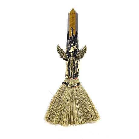 8" Wicca Gemstone Broom - Tiger's Eye with Gold Angel - Magick Magick.com