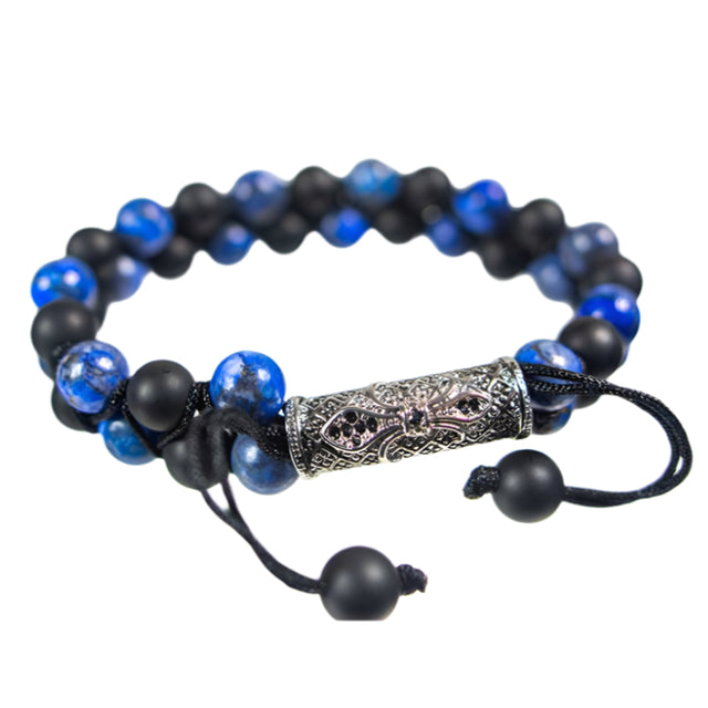 8 mm Adjustable Bracelet Round Beads - Double Row - Lapis & Matte Black Agate with Fleur De Lis - Magick Magick.com