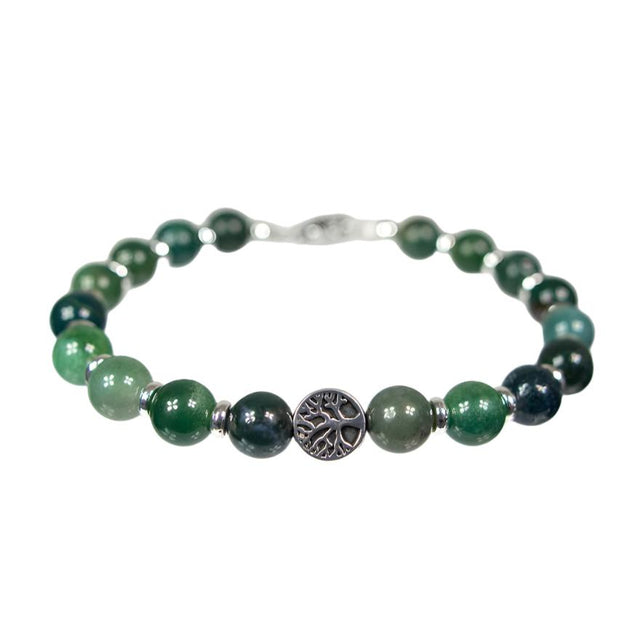 8 mm Adjustable Bracelet Round Beads - Moss Agate with Tree of Life & Rondelles - Magick Magick.com