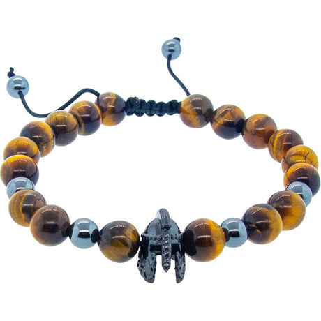 8 mm Adjustable Bracelet Round Beads - Tiger Eye & Hematite with Warrior Helmet - Magick Magick.com