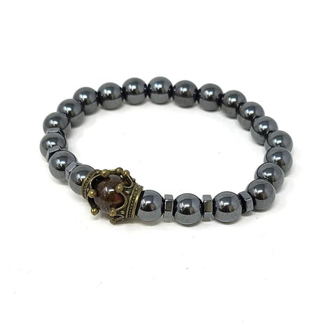 8 mm Elastic Bracelet - Hematite with Tiger's Eye & Crown - Magick Magick.com