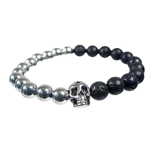 8 mm Elastic Bracelet Round Beads - Brass & Lava with Skull - Magick Magick.com