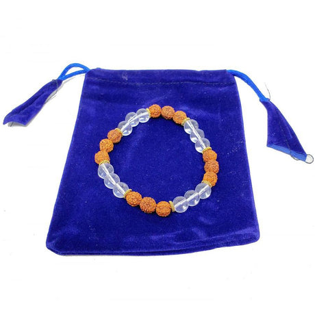 8 mm Elastic Bracelet Round Beads - Crystal Quartz & Rudraksha in Velvet Bag - Magick Magick.com