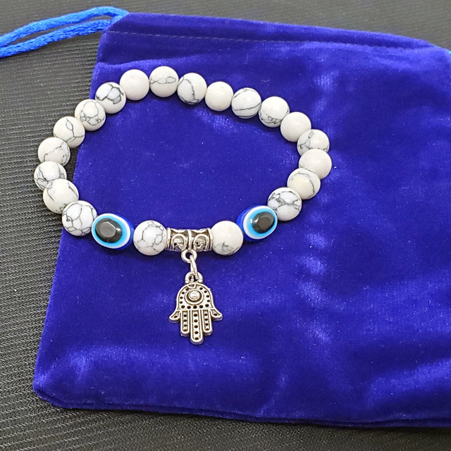 8 mm Elastic Bracelet Round Beads - Howlite with Evil Eye & Hamsa Hand in Velvet Bag - Magick Magick.com