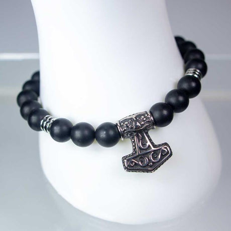 8 mm Elastic Bracelet Round Beads - Matte Black Agate with Viking Hammer - Magick Magick.com