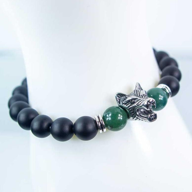 8 mm Elastic Bracelet Round Beads - Moss Agate & Matte Black Agate with Stainless Steel Wolf - Magick Magick.com