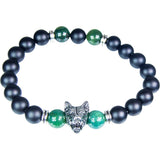 8 mm Elastic Bracelet Round Beads - Moss Agate & Matte Black Agate with Stainless Steel Wolf - Magick Magick.com