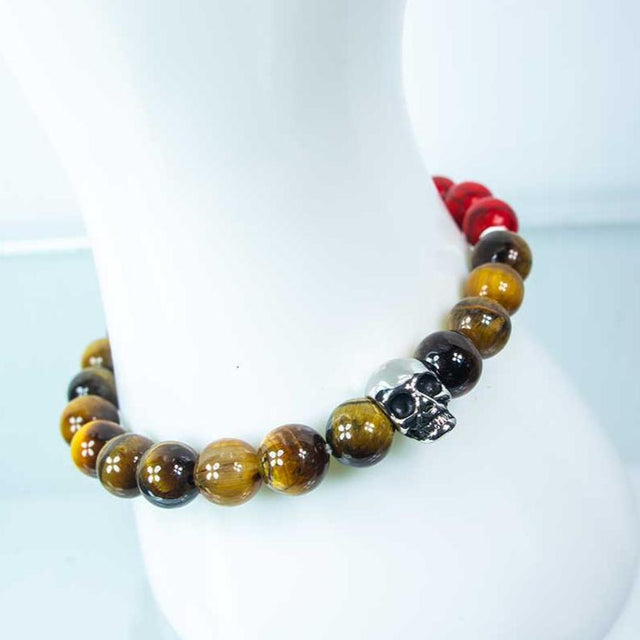 8 mm Elastic Bracelet Round Beads - Tiger Eye & Red Imperial Jasper with Stainless Steel Skull - Magick Magick.com