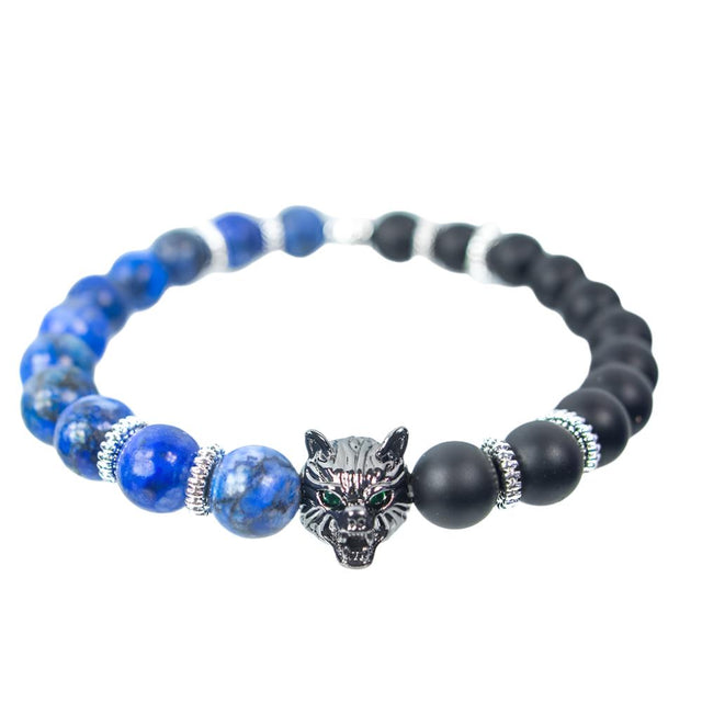 8 mm Elastic Bracelet Round Beads - Turquoise & Matte Black Agate with Stainless Steel Bear - Magick Magick.com