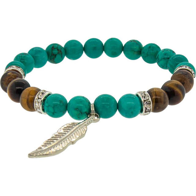 8 mm Elastic Bracelet Round Beads - Turquoise, Tiger Eye with Feather - Magick Magick.com