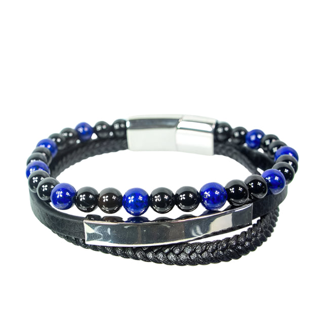 8 mm Lapis & Black Agate & Leather Triple Bracelet with Stainless Steel Clasp - Magick Magick.com