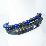 8 mm Lapis & Black Agate & Leather Triple Bracelet with Stainless Steel Clasp - Magick Magick.com