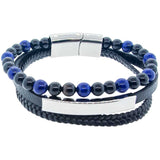 8 mm Lapis & Black Agate & Leather Triple Bracelet with Stainless Steel Clasp - Magick Magick.com