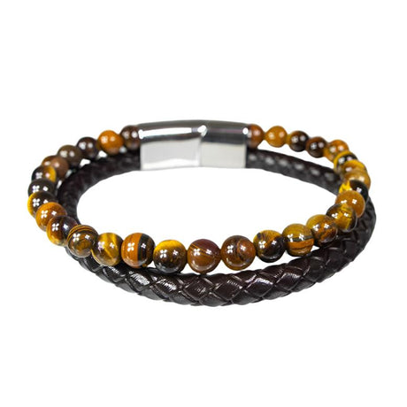 8 mm Tiger Eye & Leather Double Bracelet with Stainless Steel Clasp - Magick Magick.com