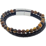 8 mm Tiger Eye & Leather Double Bracelet with Stainless Steel Clasp - Magick Magick.com