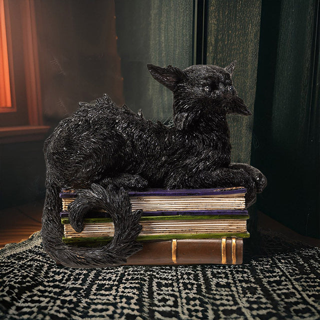 8.25" Wicked Black Cat on Books with LED Eyes Statue - Magick Magick.com