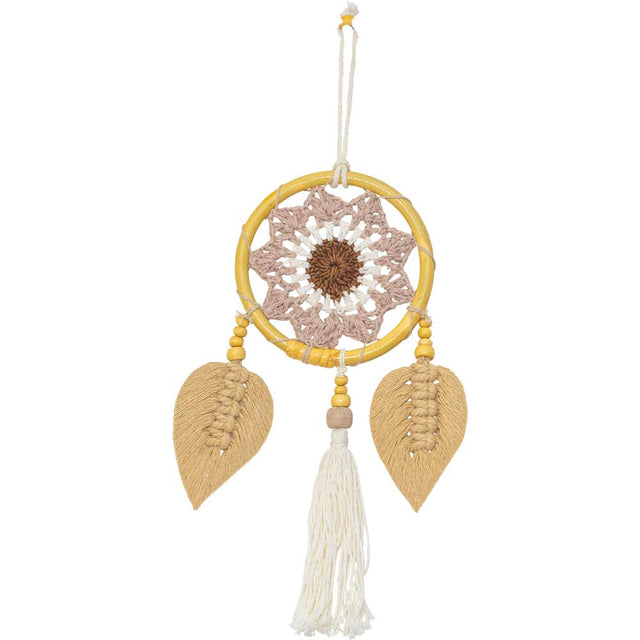 8.5" Boho Natural Woven Lotus Dream Catcher with Macrame Leaves - Magick Magick.com