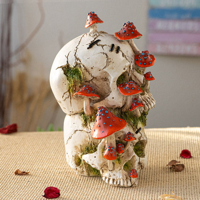 8.8" Double Skull with Mushrooms Statue - Magick Magick.com