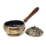 9" Golden Finish Iron Charcoal Burner with Lid & Wood Handle - Magick Magick.com