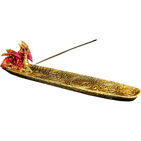 9" Red Dragon with Celtic Triple Moon Polyresin Incense Holder - Magick Magick.com