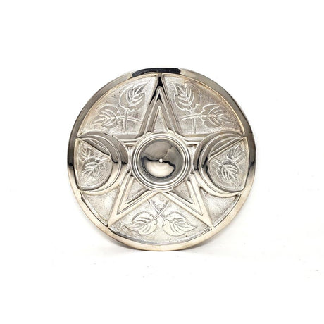 9" Triple Moon Pentagram Silver Plated Solid Brass Altar Tile - Magick Magick.com