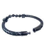 Black Leather Stainless Steel Clasp Bracelet with Black Ceramic Beads