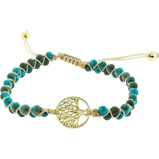 4 mm Adjustable Weave Round Bead Double Row Bracelet - African Turquoise with Tree of Life