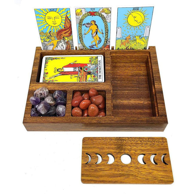 9.5" Wooden Tarot Card Holder with Moon Phase Lid Design Storage - Magick Magick.com