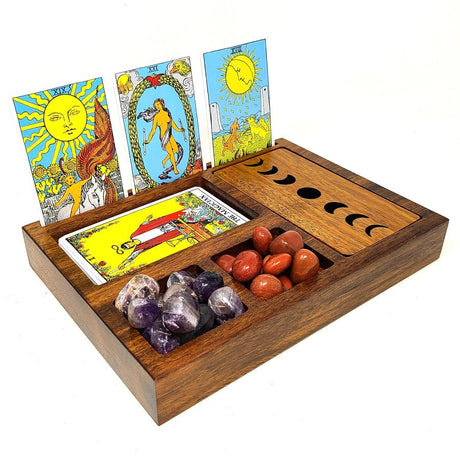 9.5" Wooden Tarot Card Holder with Moon Phase Lid Design Storage - Magick Magick.com